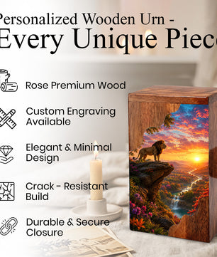 Lion Wooden Cremation Urn – Sunset Memorial Urn for Human Ashes |