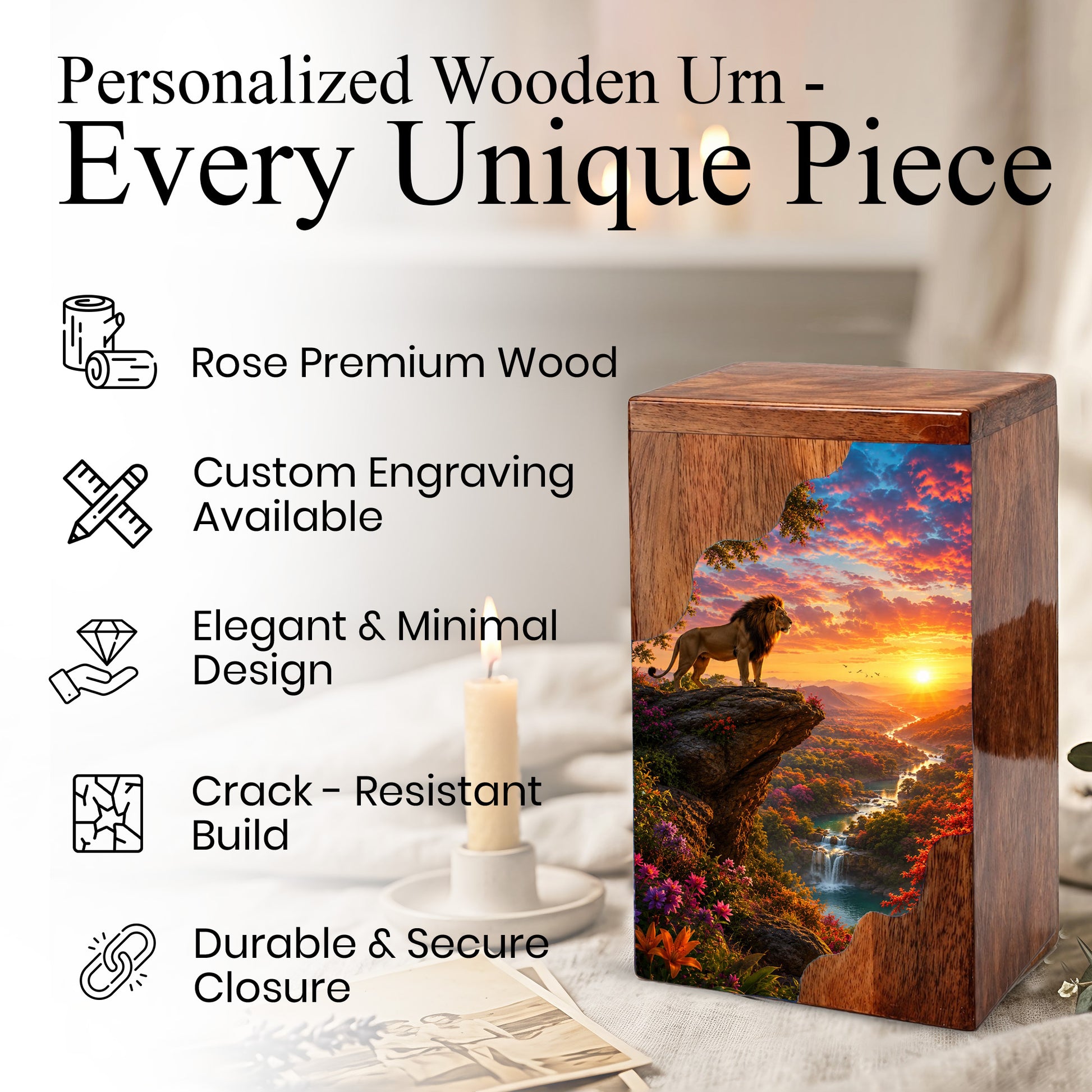 Lion Wooden Cremation Urn – Sunset Memorial Urn for Human Ashes |