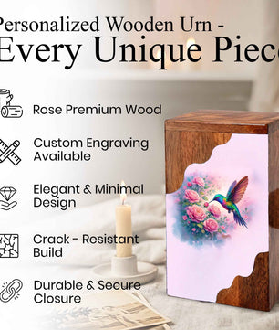 Hummingbird Wooden Cremation Urn – Floral Memorial Urn with Hummingbird Design