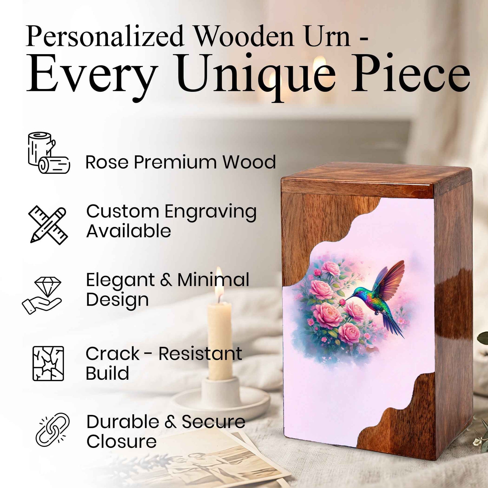 Hummingbird Wooden Cremation Urn – Floral Memorial Urn with Hummingbird Design