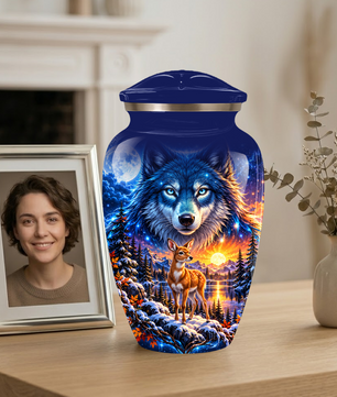 Personalized Wolf and Deer Adult Cremation Urn for Ashes, Wildlife Memorial Urn
