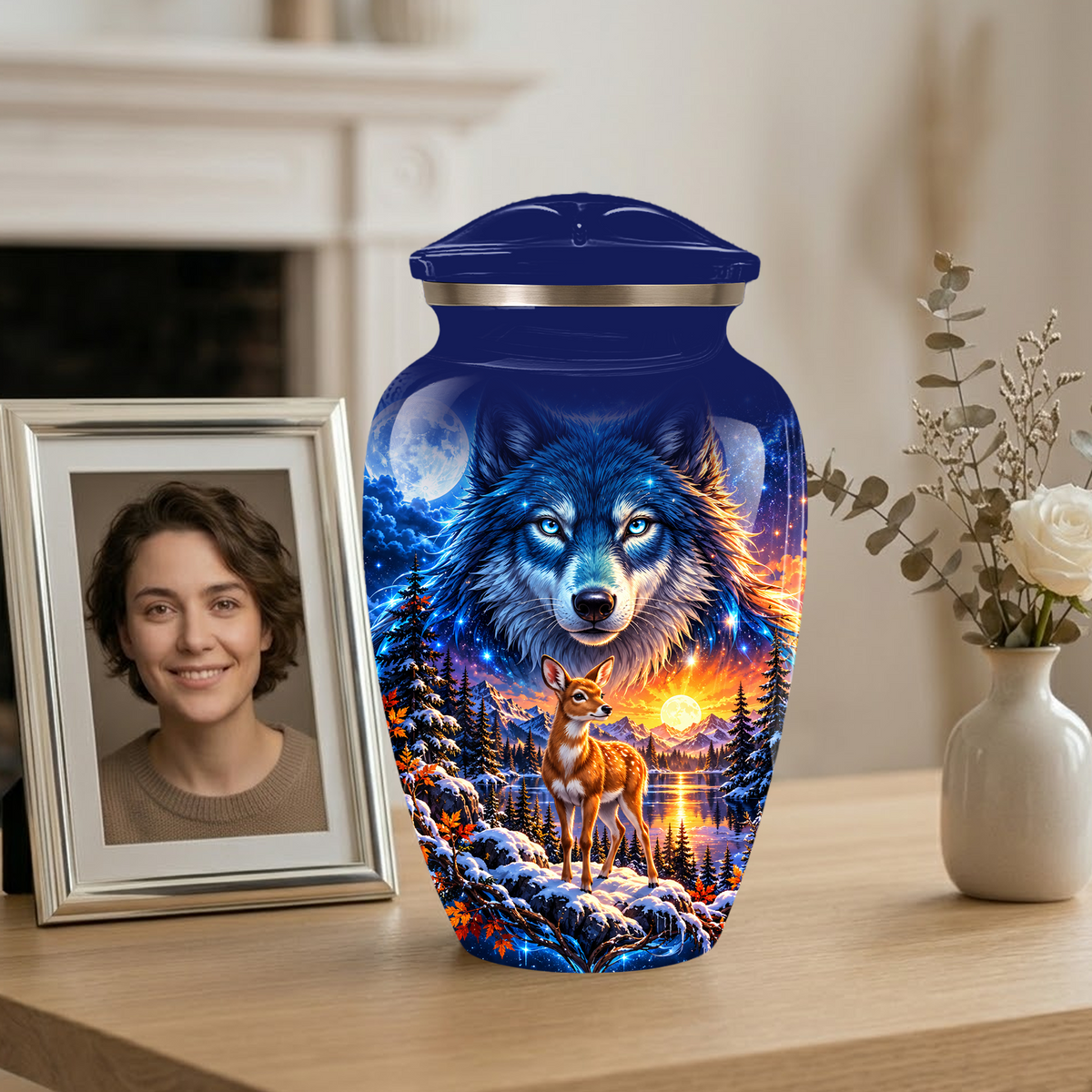 Personalized Wolf and Deer Adult Cremation Urn for Ashes, Wildlife Memorial Urn