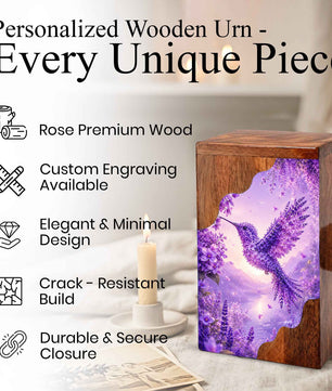 Hummingbird Cremation Urn for Mom | Purple Floral Wooden Urn for Human
