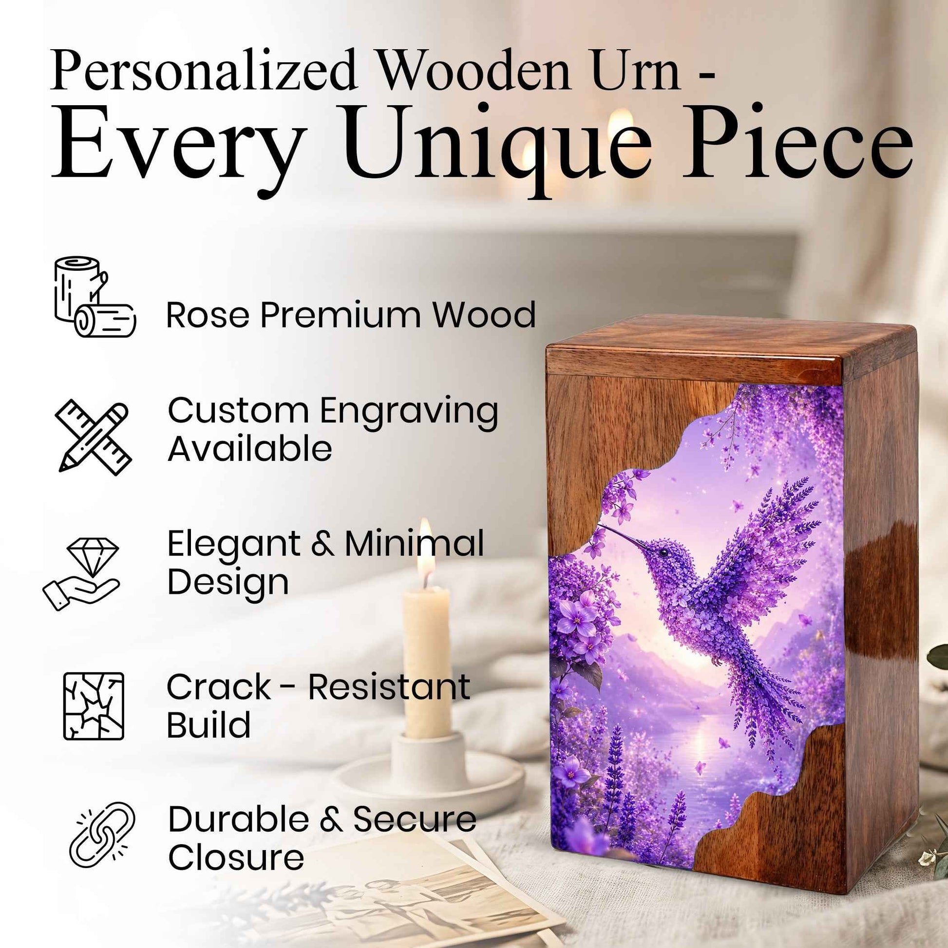 Hummingbird Cremation Urn for Mom | Purple Floral Wooden Urn for Human