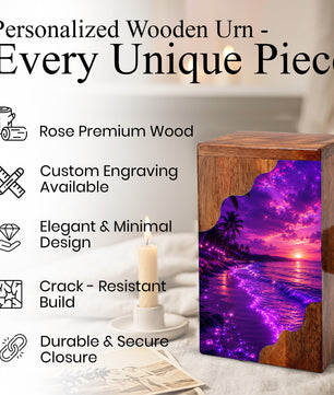 Beach Wooden Cremation Urn – Ocean Sunset Memorial Urn for Human Ashes