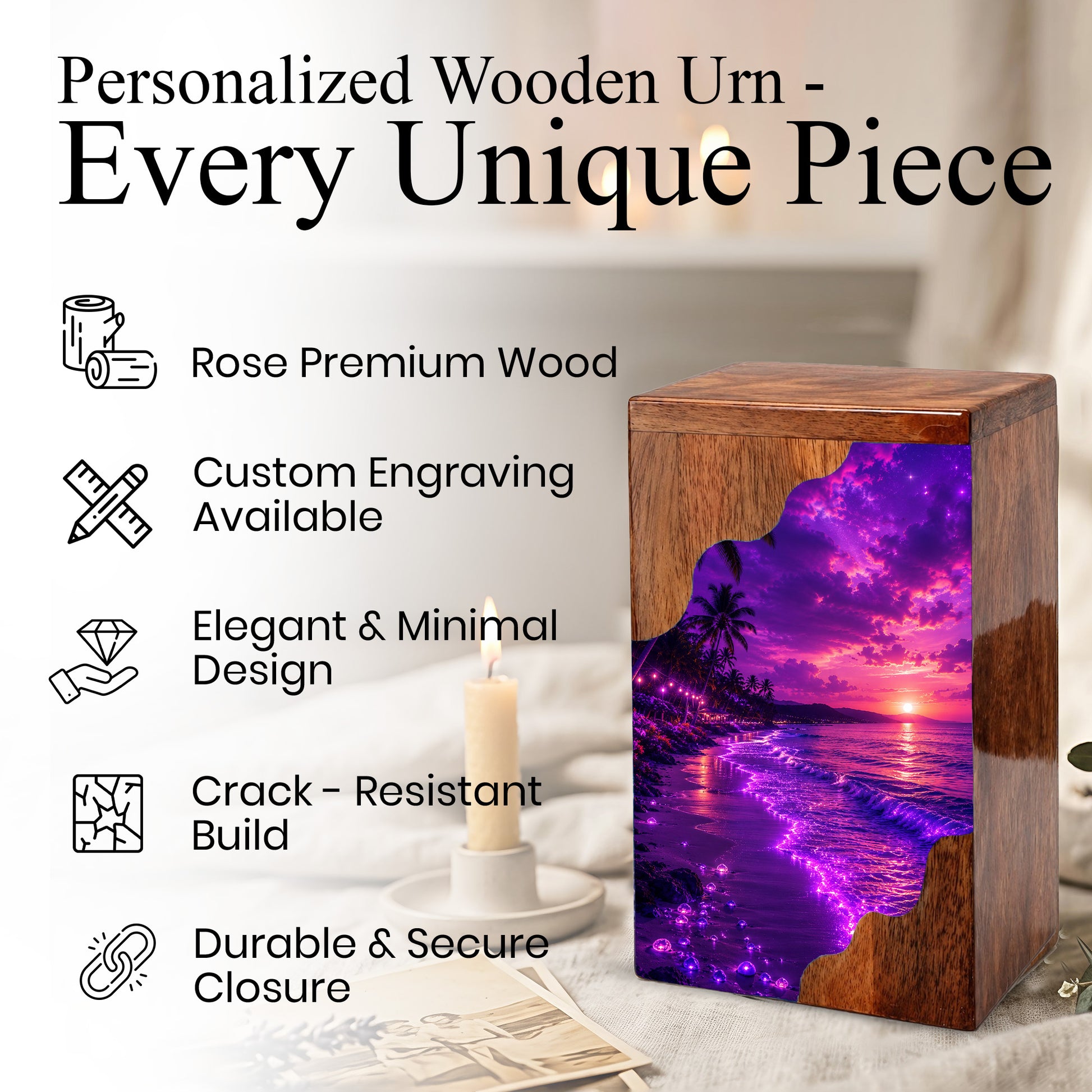 Beach Wooden Cremation Urn – Ocean Sunset Memorial Urn for Human Ashes
