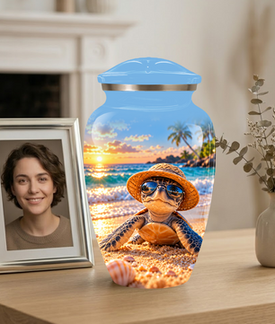 Personalized Sea Turtle Beach Aluminum Urn, Tropical Sunset Memorial Urn for Human Ashes