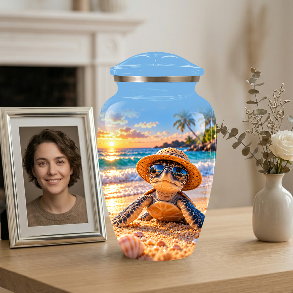 Personalized Sea Turtle Beach Aluminum Urn, Tropical Sunset Memorial Urn for Human Ashes