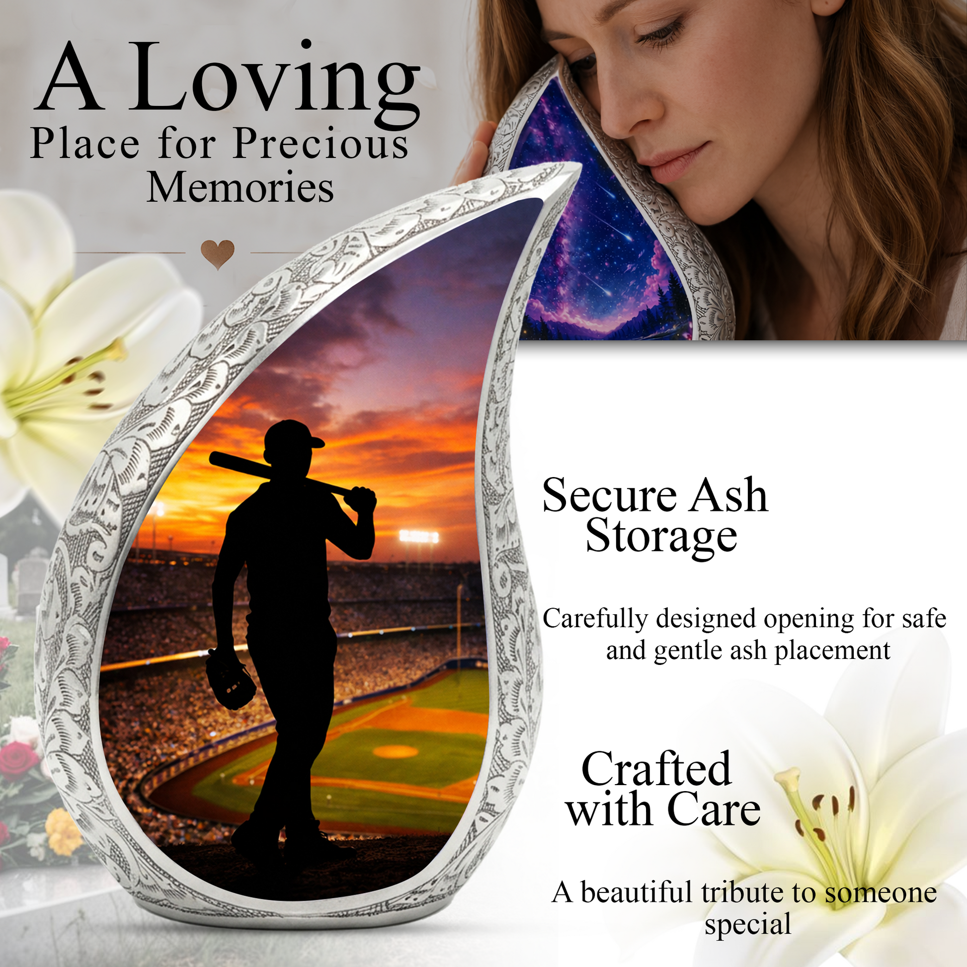 Baseball Personalized Cremation Urn – Teardrop Style Aluminum Memorial Urn, 10 Inch