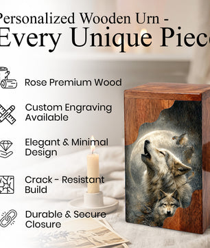 Wolf Cremation Urn for Dad | Wooden Urn for Human Ashes