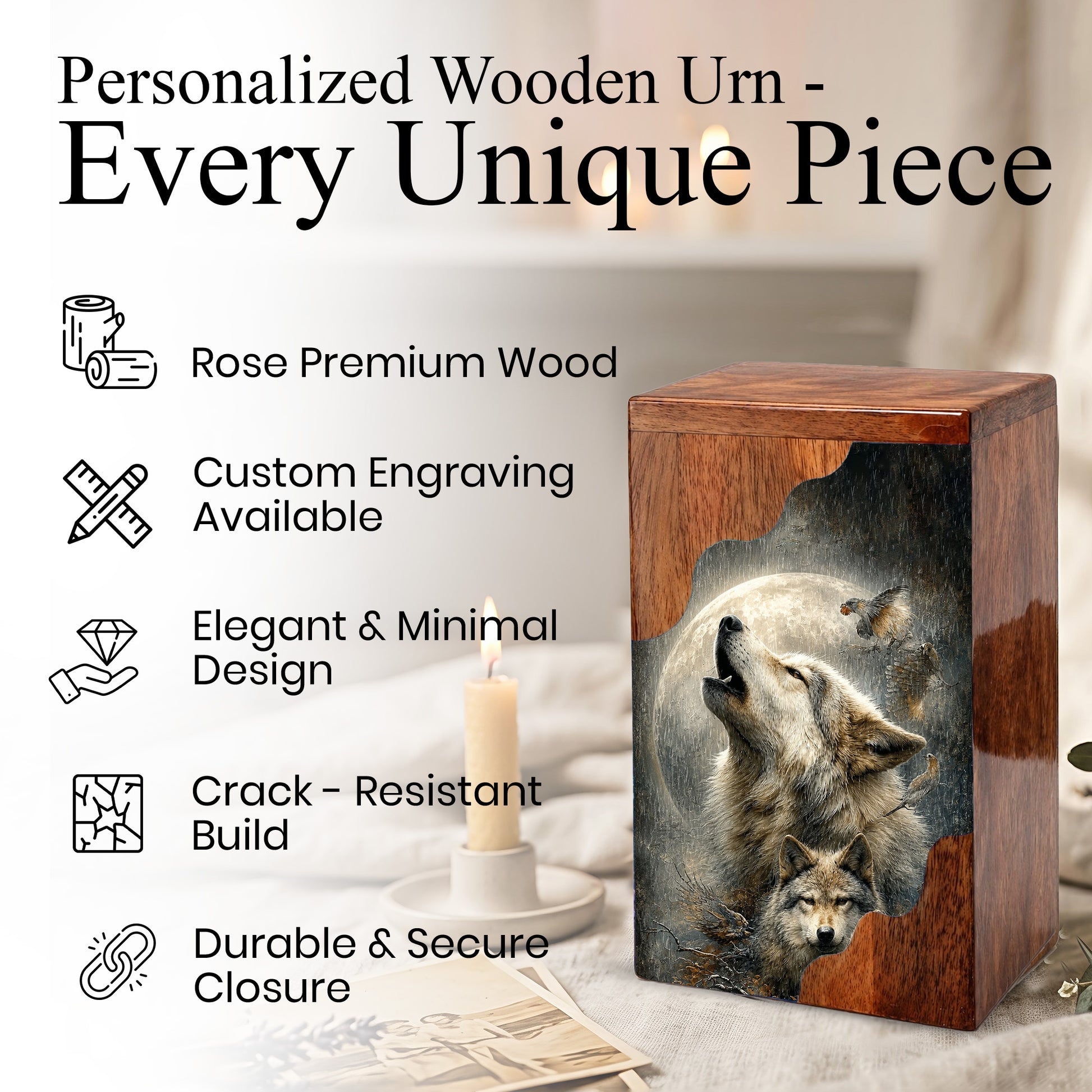 Wolf Cremation Urn for Dad | Wooden Urn for Human Ashes