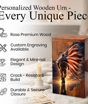 Military Wooden Cremation Urn – Patriotic Memorial Urn for Human Ashes