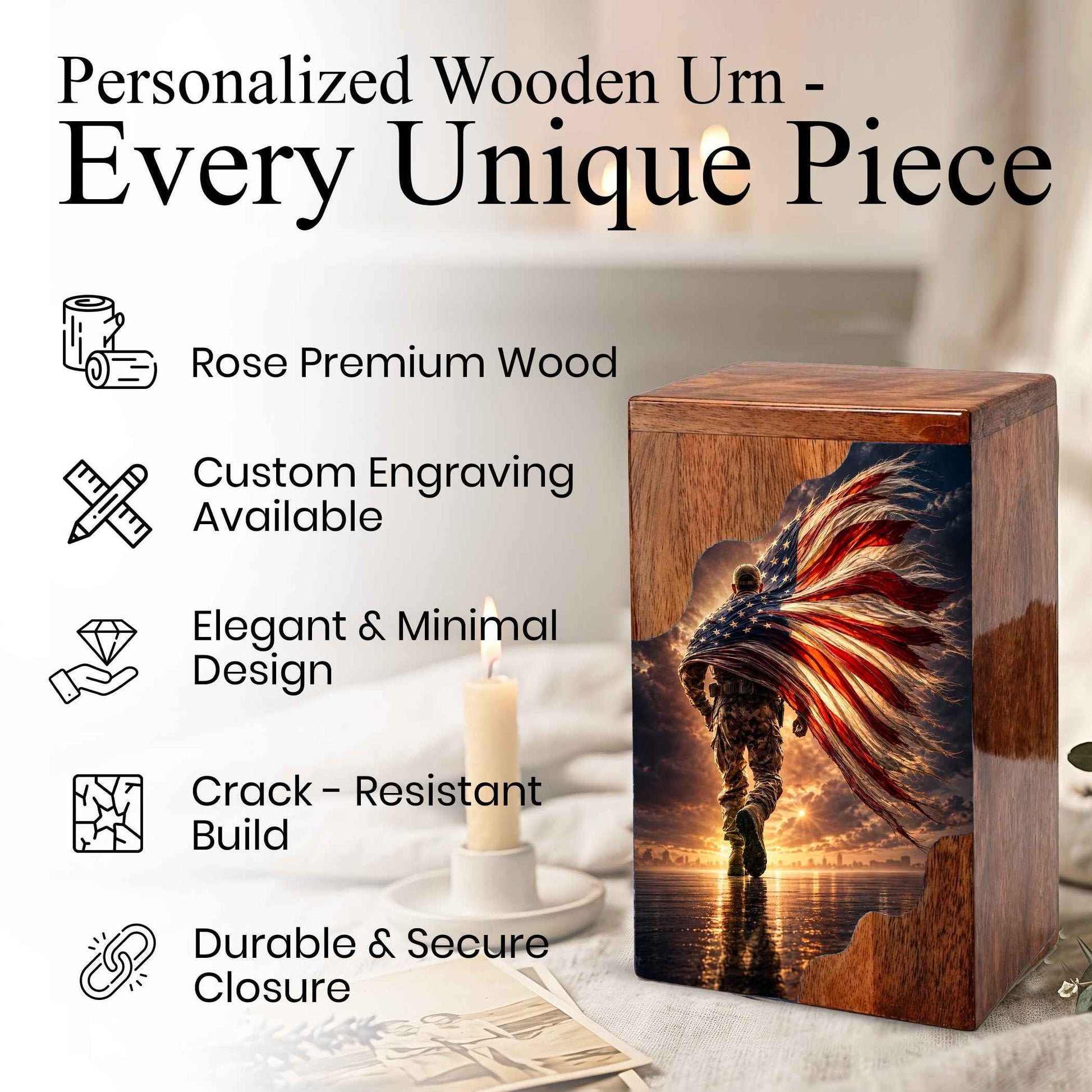 Military Wooden Cremation Urn – Patriotic Memorial Urn for Human Ashes