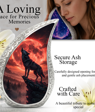 Crimson Moon Wolf Personalized Cremation Urn – Teardrop Memorial Urn for Ashes | 10 Inch