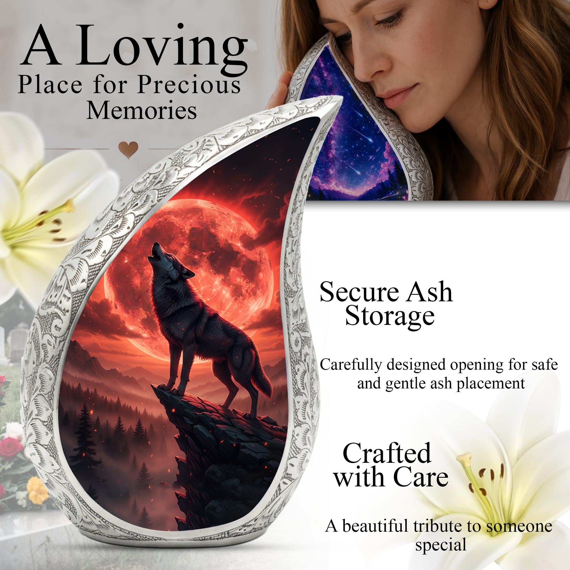 Crimson Moon Wolf Personalized Cremation Urn – Teardrop Memorial Urn for Ashes | 10 Inch