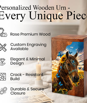Horse Wooden Cremation Urn – Butterfly & Sunflower Memorial Urn for Ashes