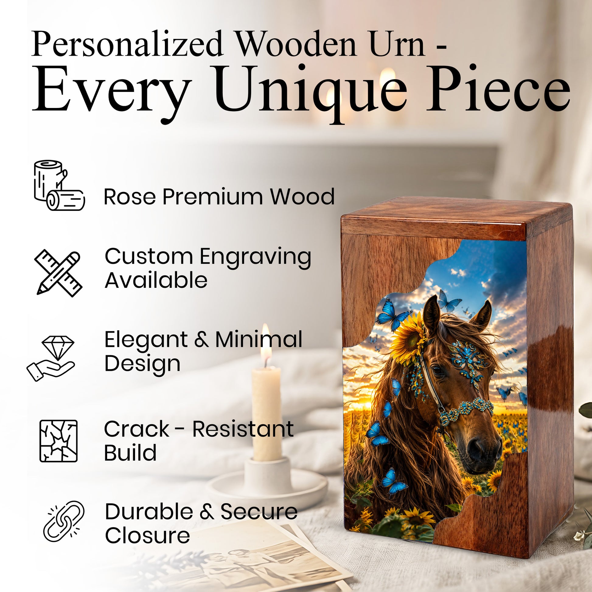 Horse Wooden Cremation Urn – Butterfly & Sunflower Memorial Urn for Ashes