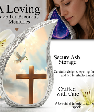 Christian Cross Personalized Cremation Urn – Teardrop Memorial Urn for Ashes | 10 Inch Aluminum Adult Urn