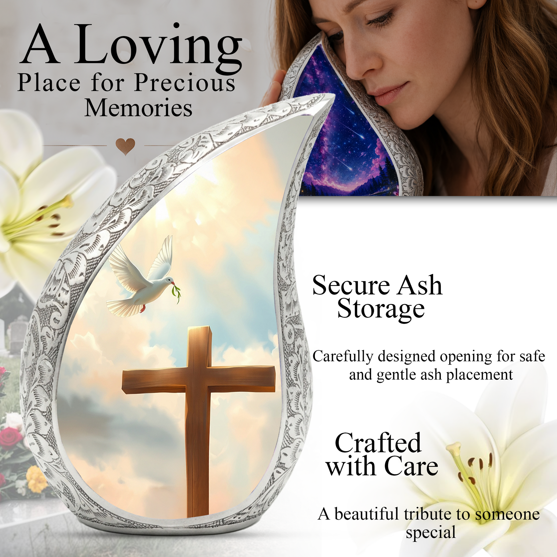 Christian Cross Personalized Cremation Urn – Teardrop Memorial Urn for Ashes | 10 Inch Aluminum Adult Urn