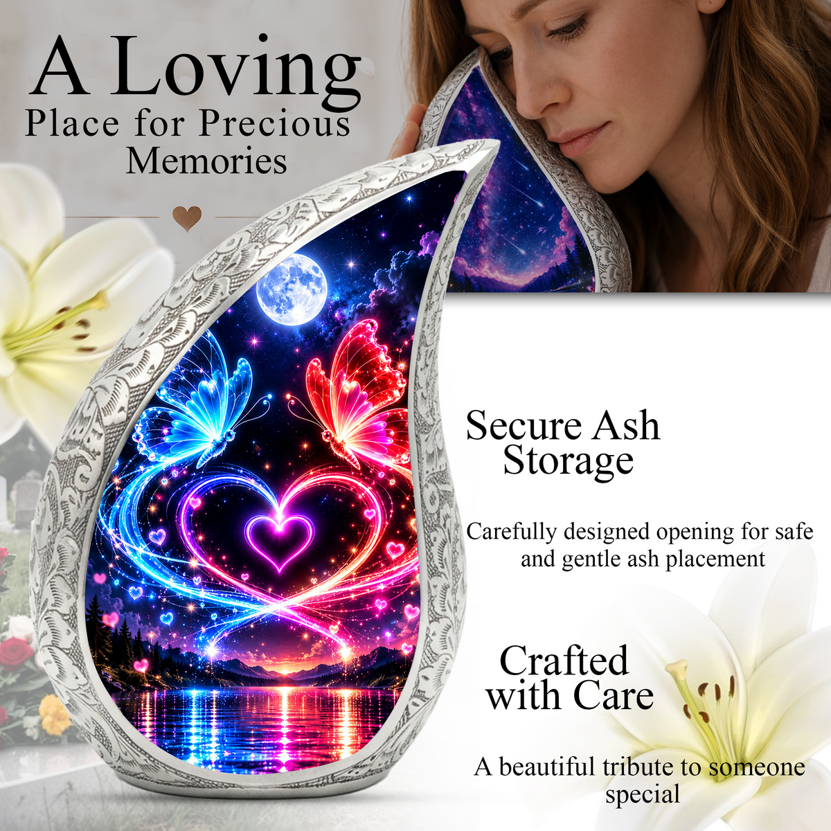 Heart Butterfly Urn for Human Ashes, Adult Cremation Urn with Glowing Butterflies
