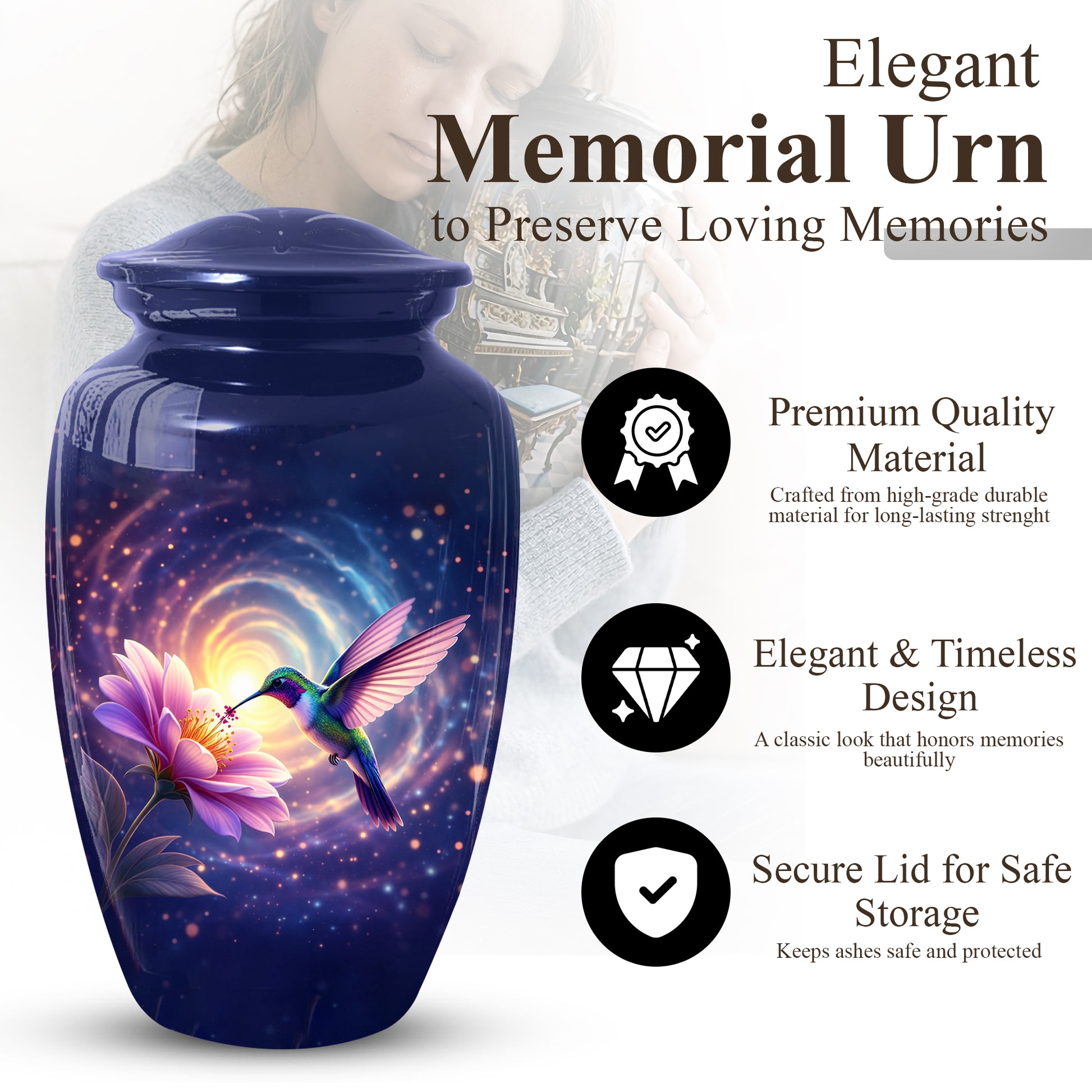 Hummingbird Urn for Mom with Pink Flower | Floral Cremation  Large Urn for Ashes