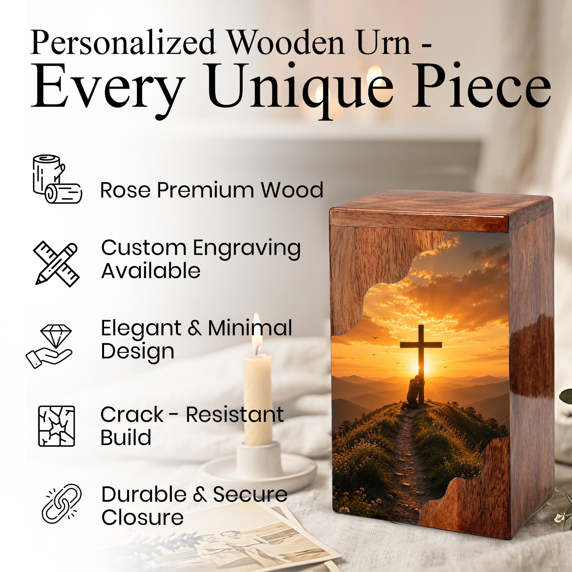 Cross Wooden Cremation Urn – Christian Memorial Urn for Human Ashes