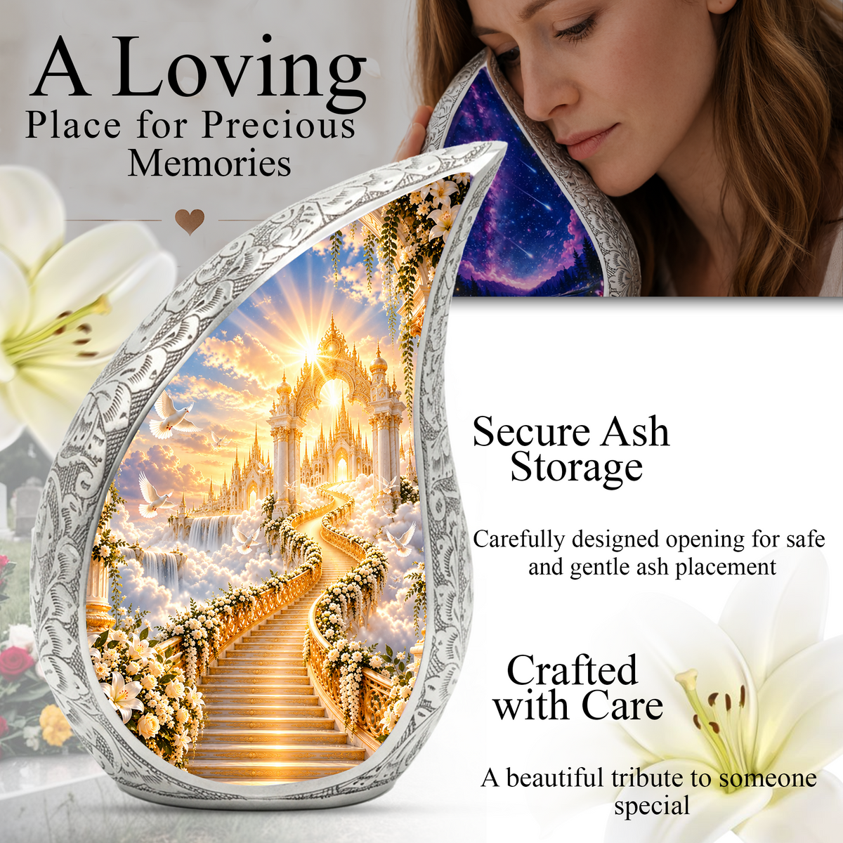 Heavenly Stairway Cremation Urn for Adult Ashes, Golden Heaven Memorial Urn