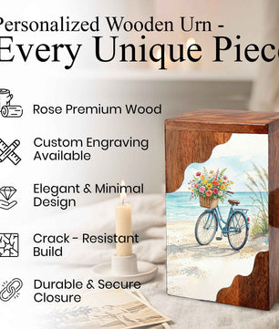 Wooden Cremation Urn – Coastal Bicycle Memorial Urn | Beach Memory Wooden Urn for Ashes