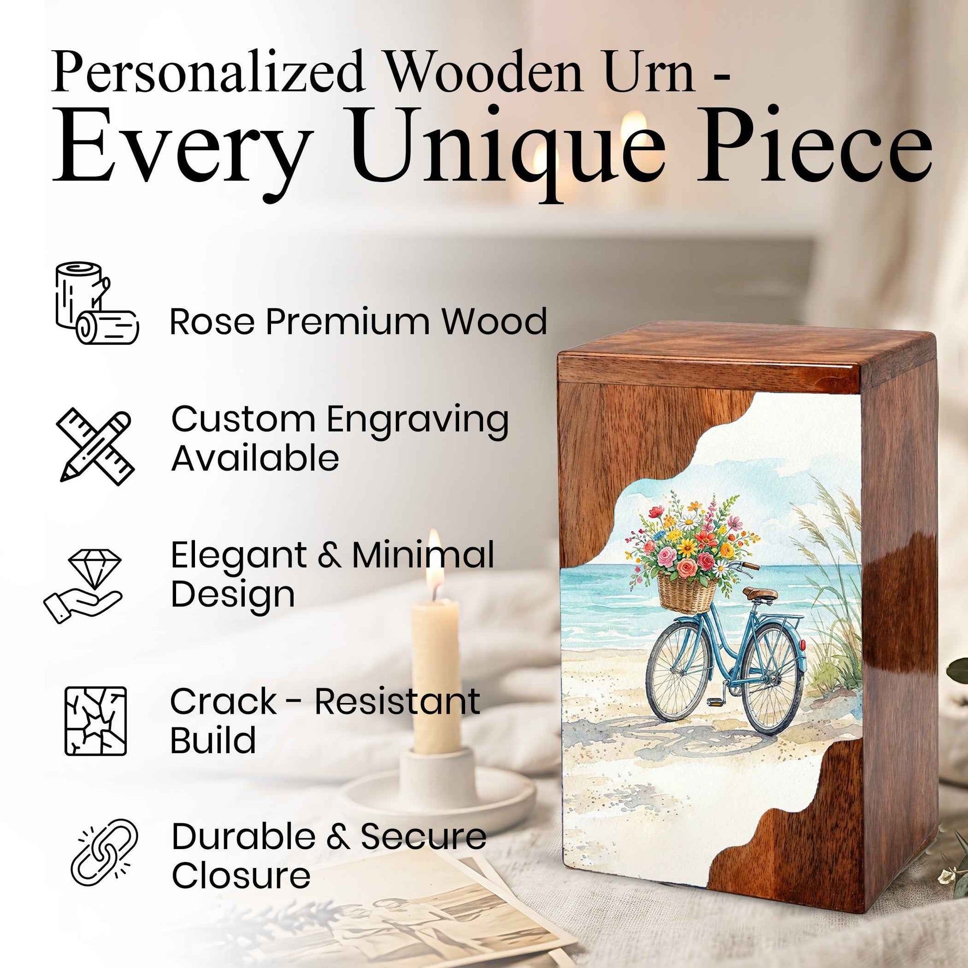 Wooden Cremation Urn – Coastal Bicycle Memorial Urn | Beach Memory Wooden Urn for Ashes