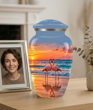 Flamingo Cremation Urn for Ashes, Romantic Beach Sunset Design, Custom Urn for Loved Ones
