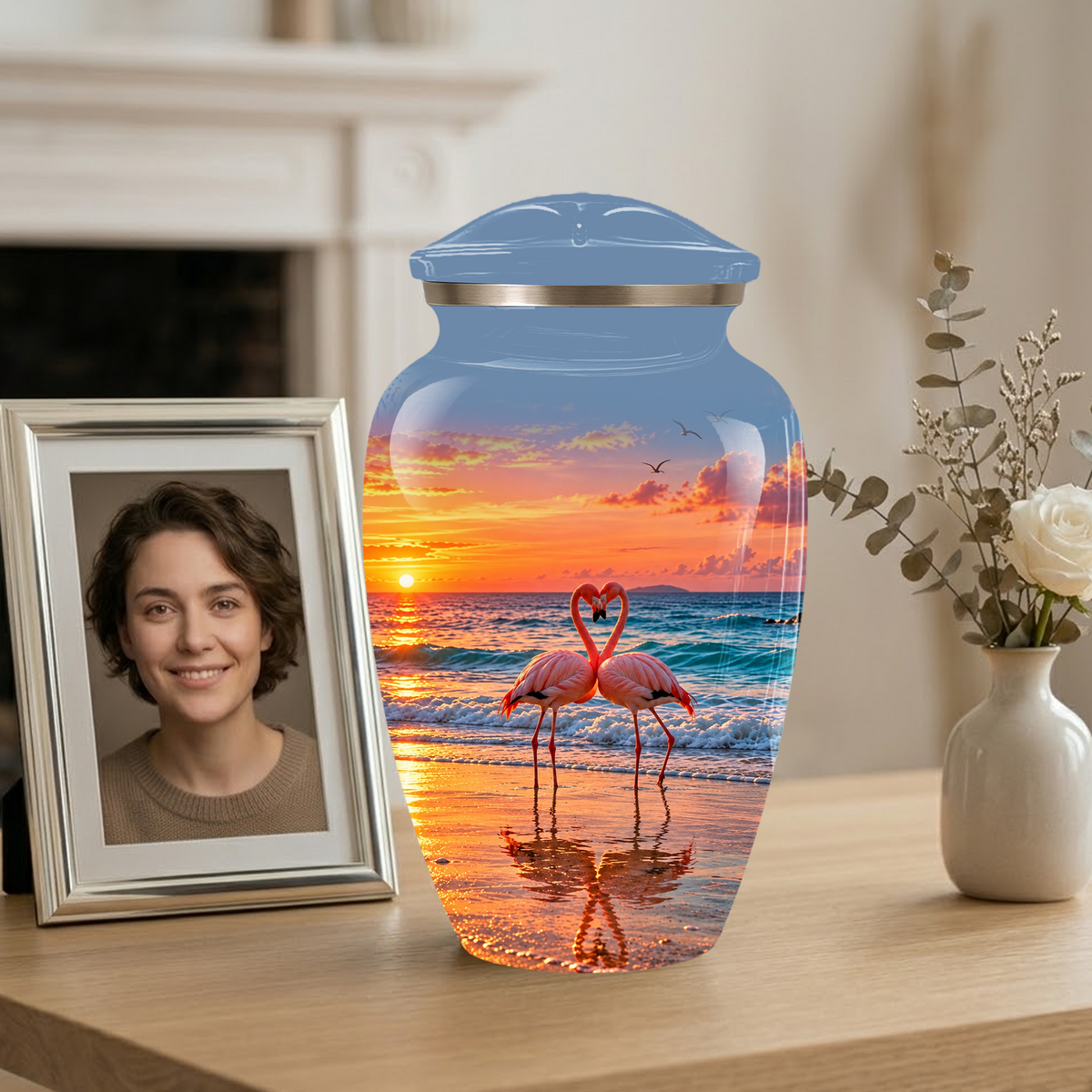 Flamingo Cremation Urn for Ashes, Romantic Beach Sunset Design, Custom Urn for Loved Ones