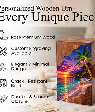 Wooden Beach Urn for Human Ashes | Palm Tree Wooden Cremation Urn | Ocean Sunset Memorial Urn