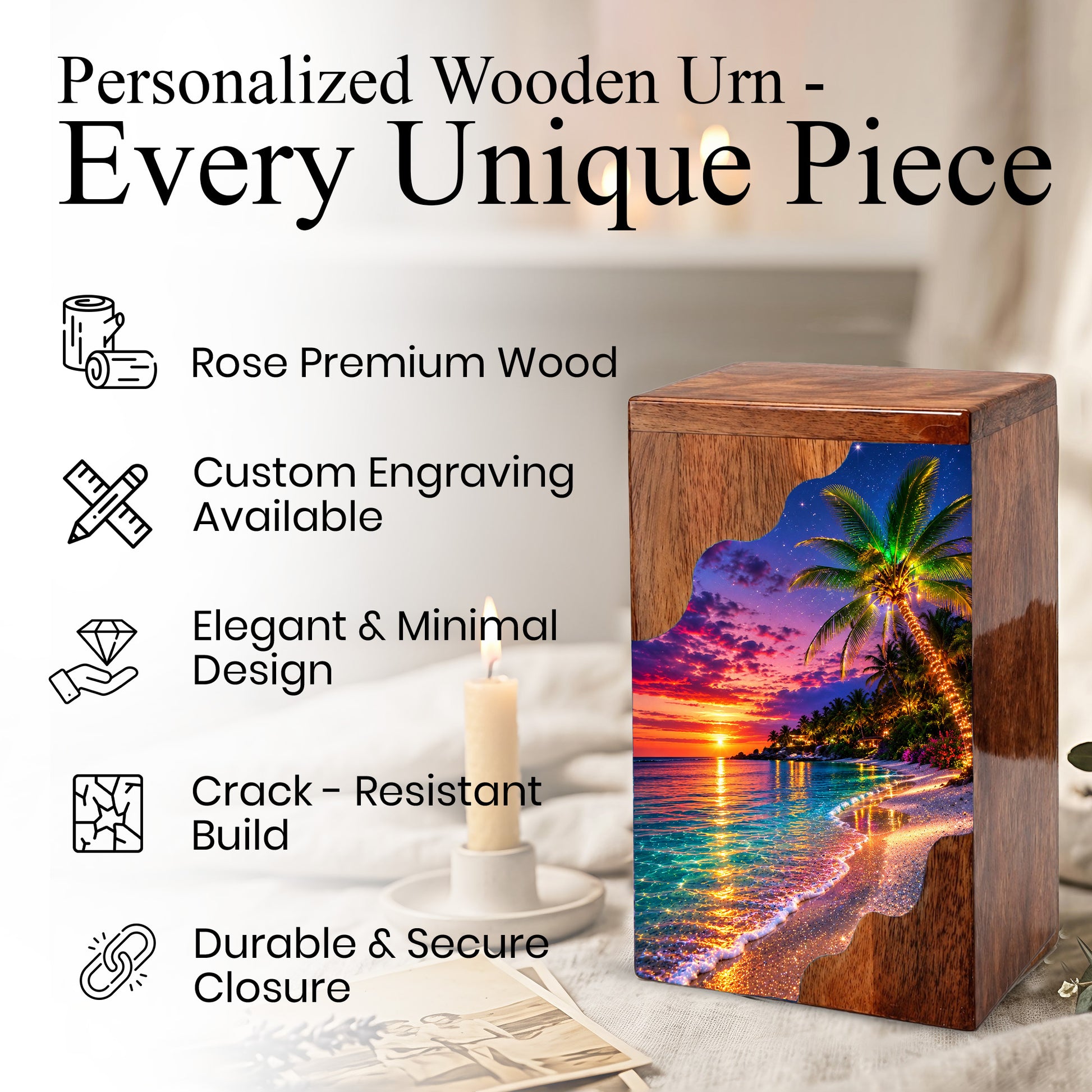 Wooden Beach Urn for Human Ashes | Palm Tree Wooden Cremation Urn | Ocean Sunset Memorial Urn