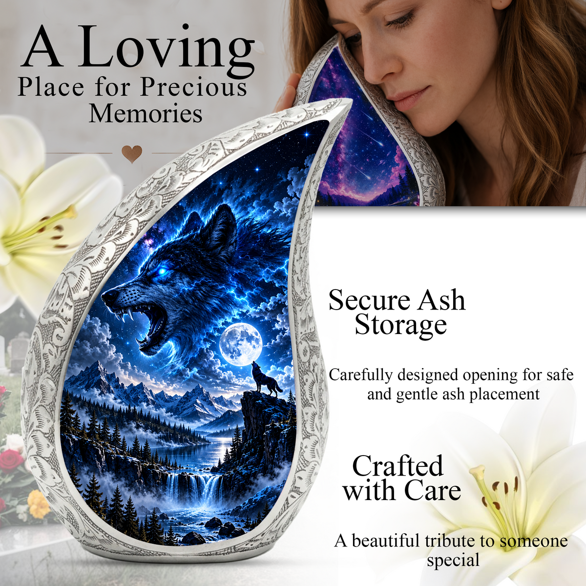 Wolf Adult Urn for Ashes, Blue Wolf Cremation Urn for Human Ashes