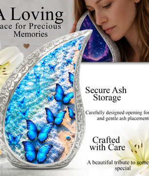 Blue Butterfly Cremation Urn for Adult Ashes, Beach Memorial Urn, Ocean Butterfly Urn for Ashes