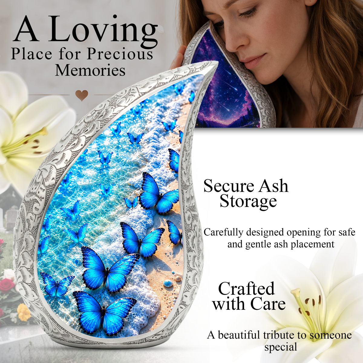 Blue Butterfly Cremation Urn for Adult Ashes, Beach Memorial Urn, Ocean Butterfly Urn for Ashes