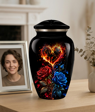 Red & Blue Rose Heart Cremation Urn for Ashes | Personalized Adult Memorial Urn