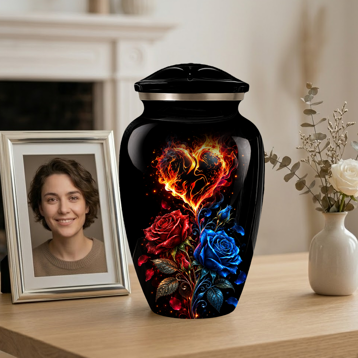 Red & Blue Rose Heart Cremation Urn for Ashes | Personalized Adult Memorial Urn