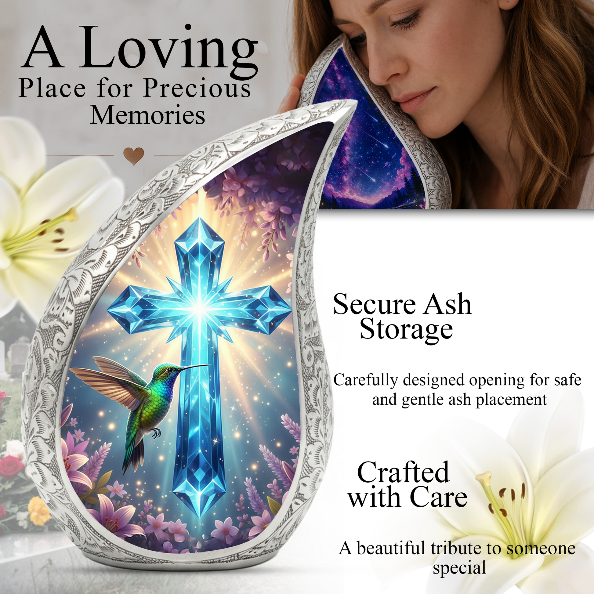 Christian Cross Personalized Cremation Urn – Teardrop Style Aluminum Memorial Urn, 10 Inch