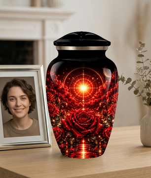 Red Rose Cremation Urn – Elegant Adult Memorial Urn for Ashes with Celestial Rose Design