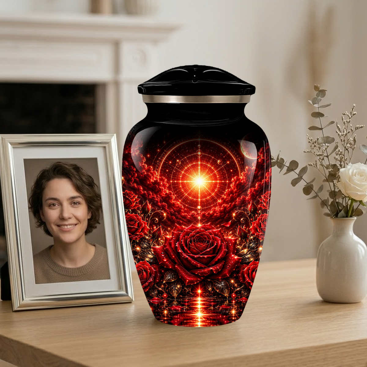 Red Rose Cremation Urn – Elegant Adult Memorial Urn for Ashes with Celestial Rose Design
