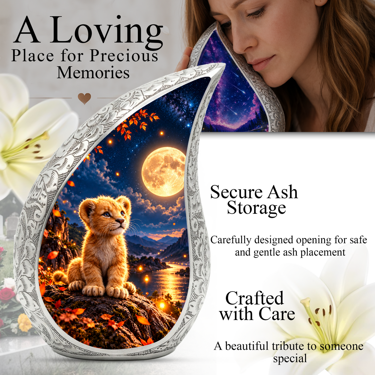 Kitten Urn for Ashes, Cat Cremation Urn with Moonlit Artwork for human Ashes