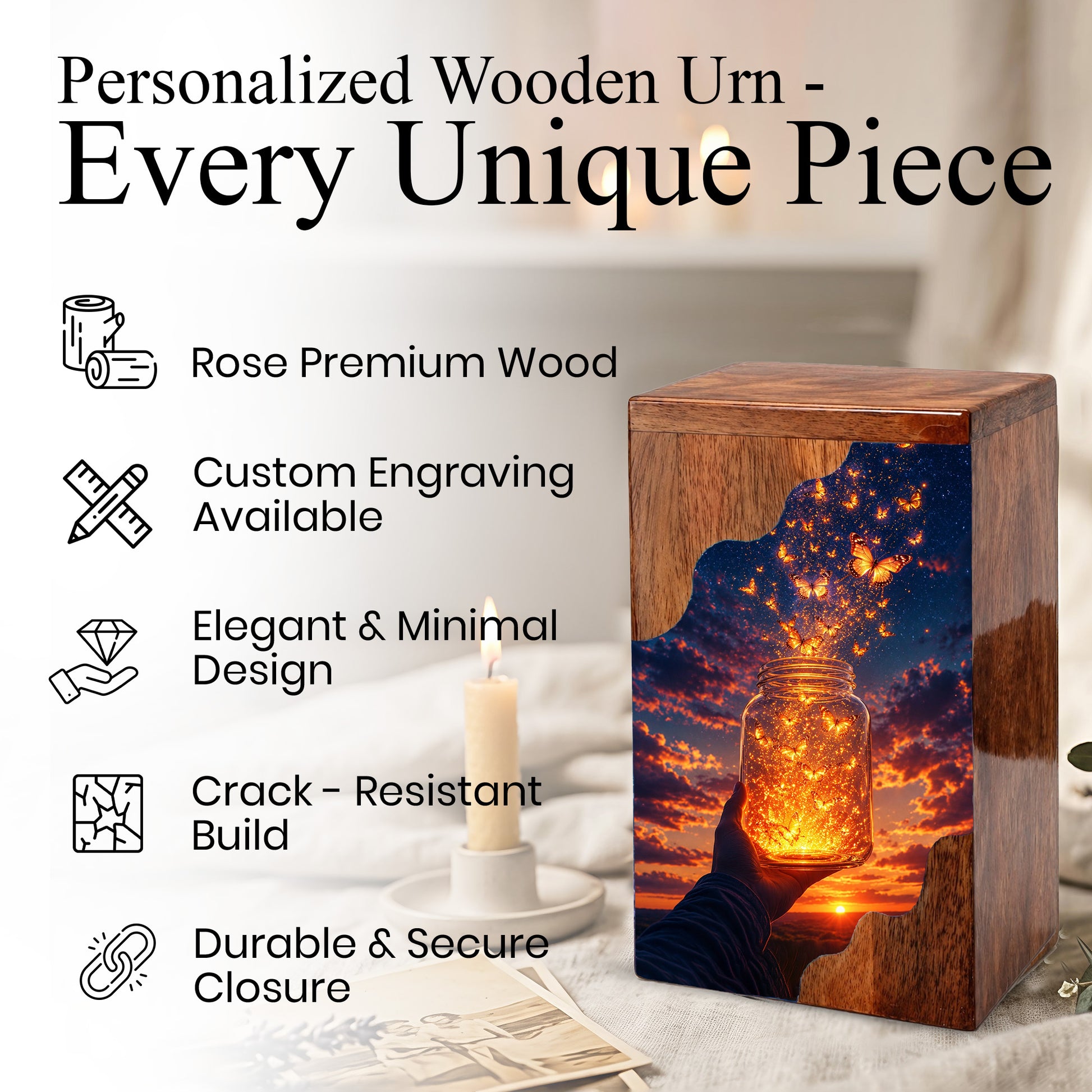 Butterfly Release Wooden Cremation Urn – Sunset Memorial Urn for Human Ashes