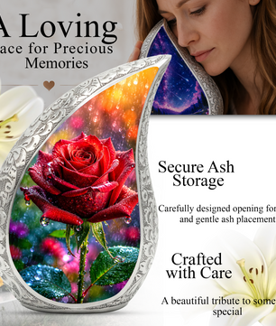 Red Rose Memorial Urn for Mom, Elegant Cremation Urn for Women