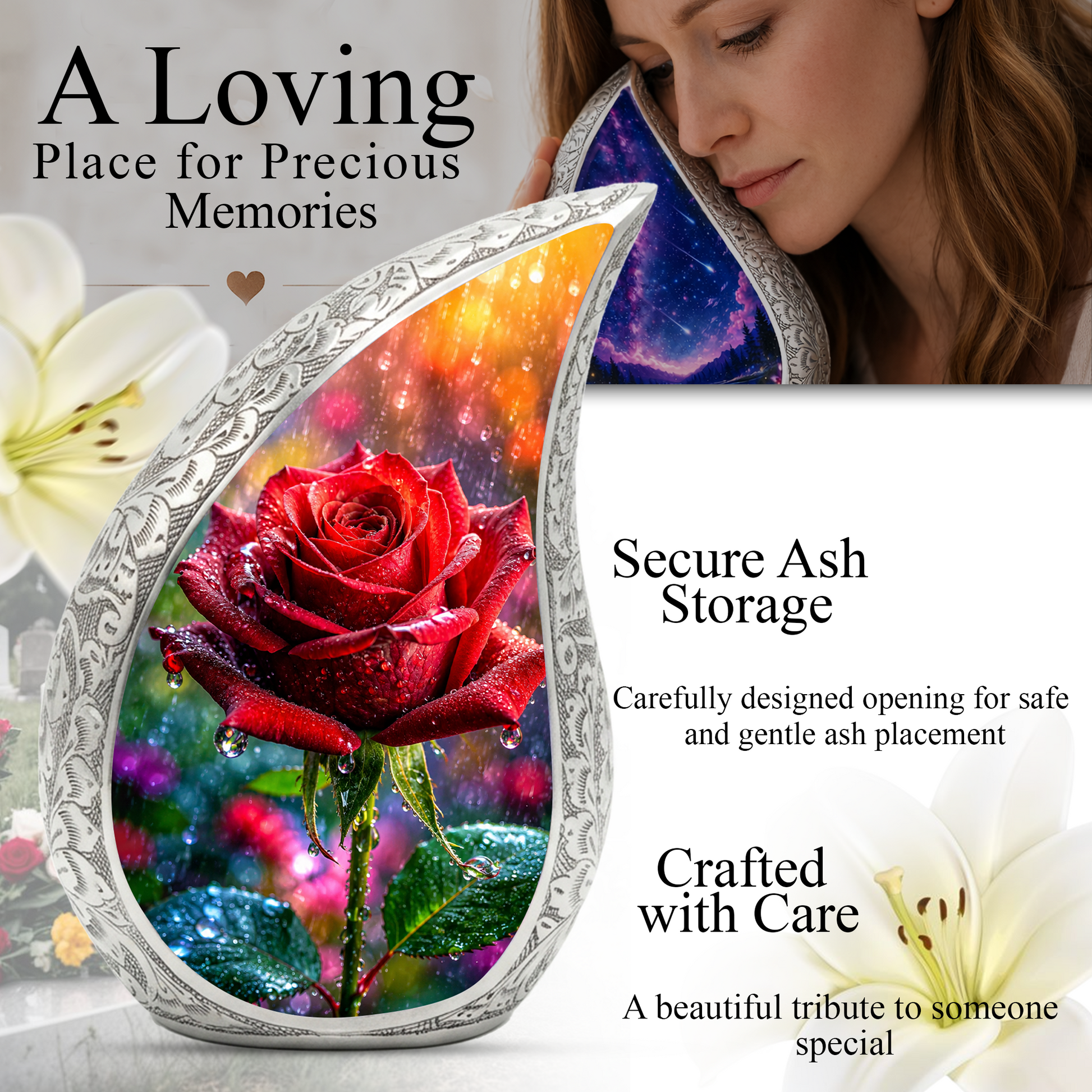 Red Rose Memorial Urn for Mom, Elegant Cremation Urn for Women