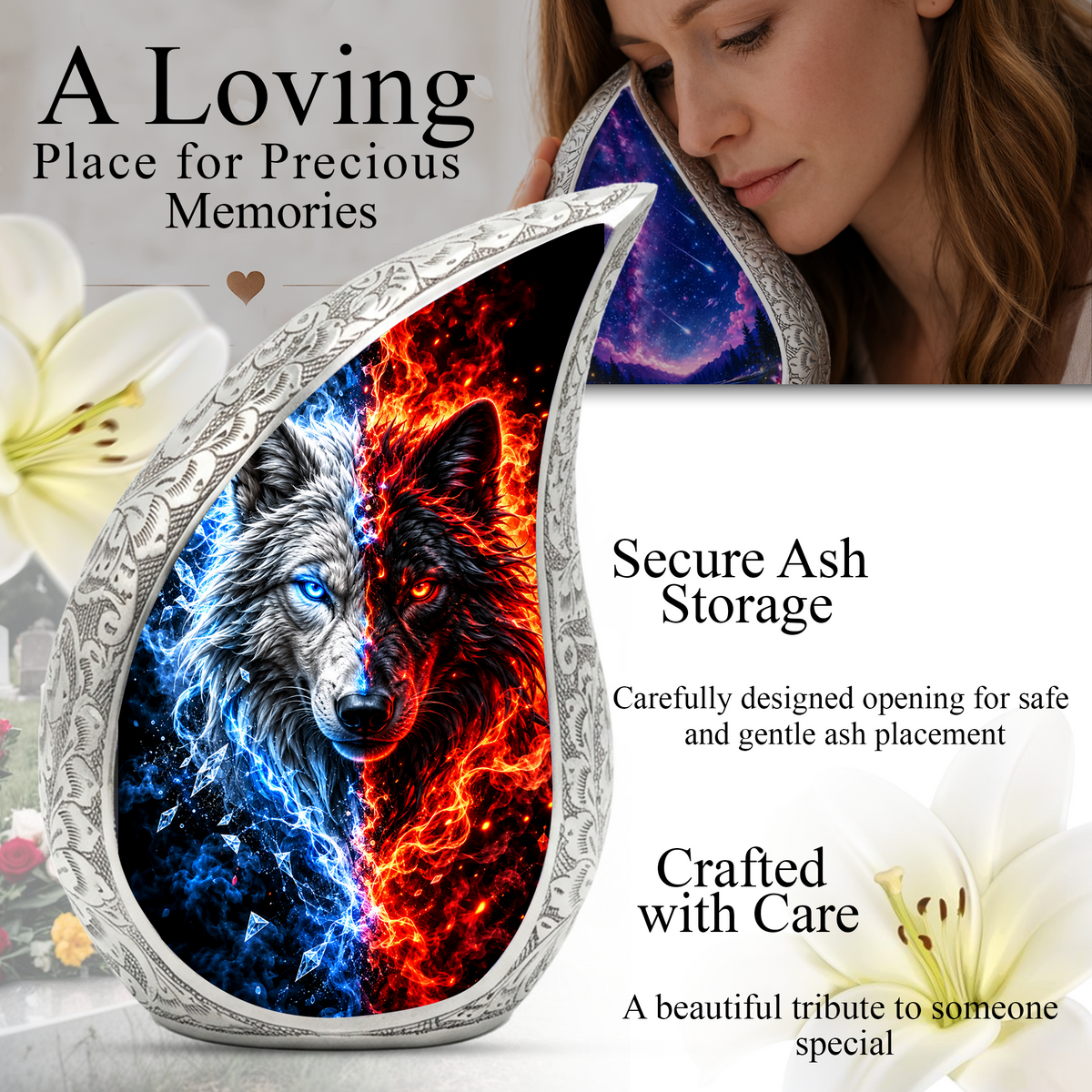Fire and Ice Wolf Cremation Urn for Ashes, Dual Wolf Memorial Urn, Personalized Adult Cremation Urn