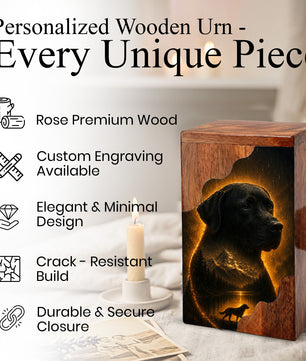 Black Labrador Wooden Cremation Urn for Human Ashes | Personalized Dog Memorial Urn