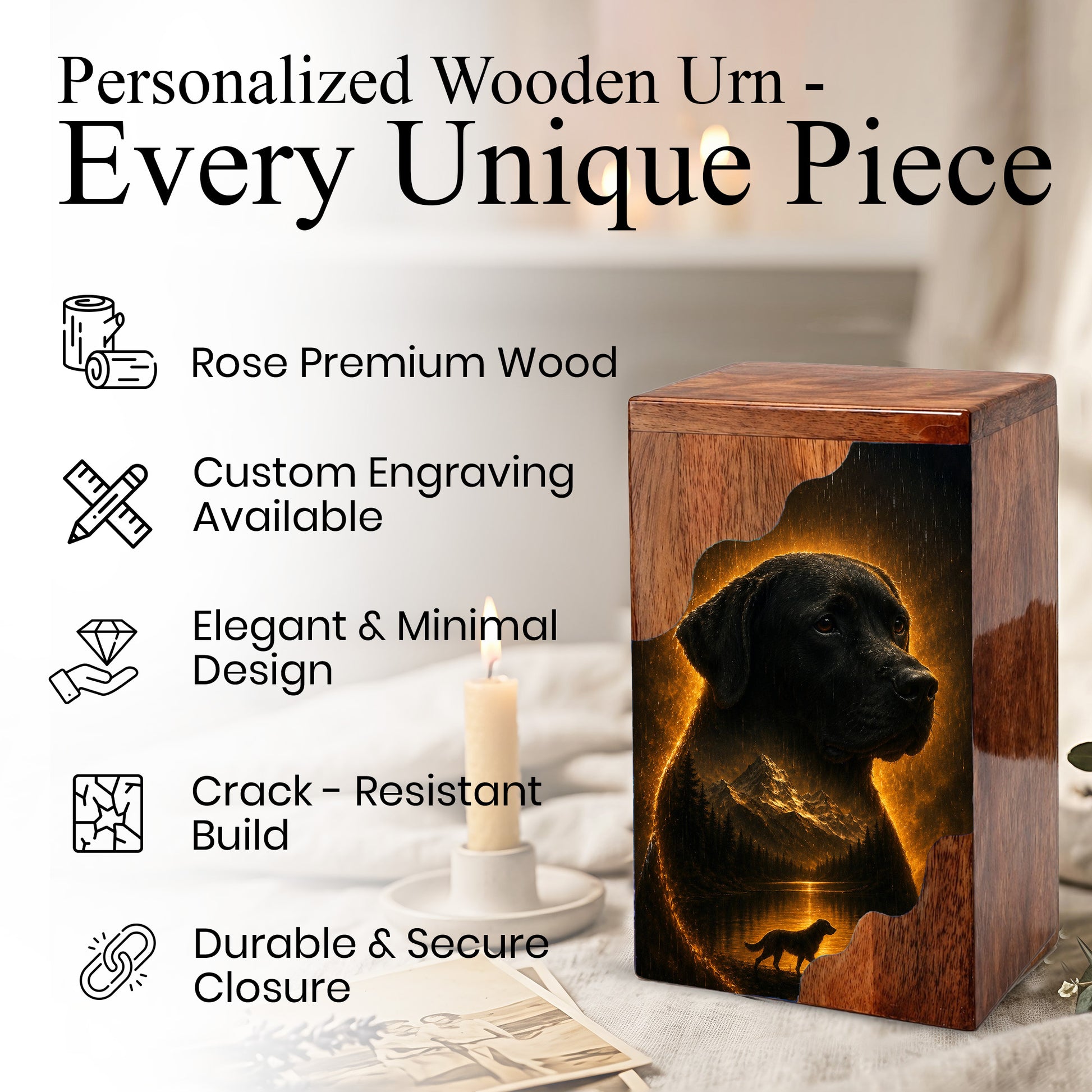Black Labrador Wooden Cremation Urn for Human Ashes | Personalized Dog Memorial Urn