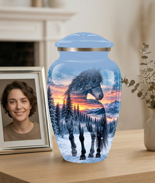Snowy Horse Cremation Urn for Adult Ashes, Black Horse in Winter Forest Memorial Urn, Personalized Urn for Human Ashes