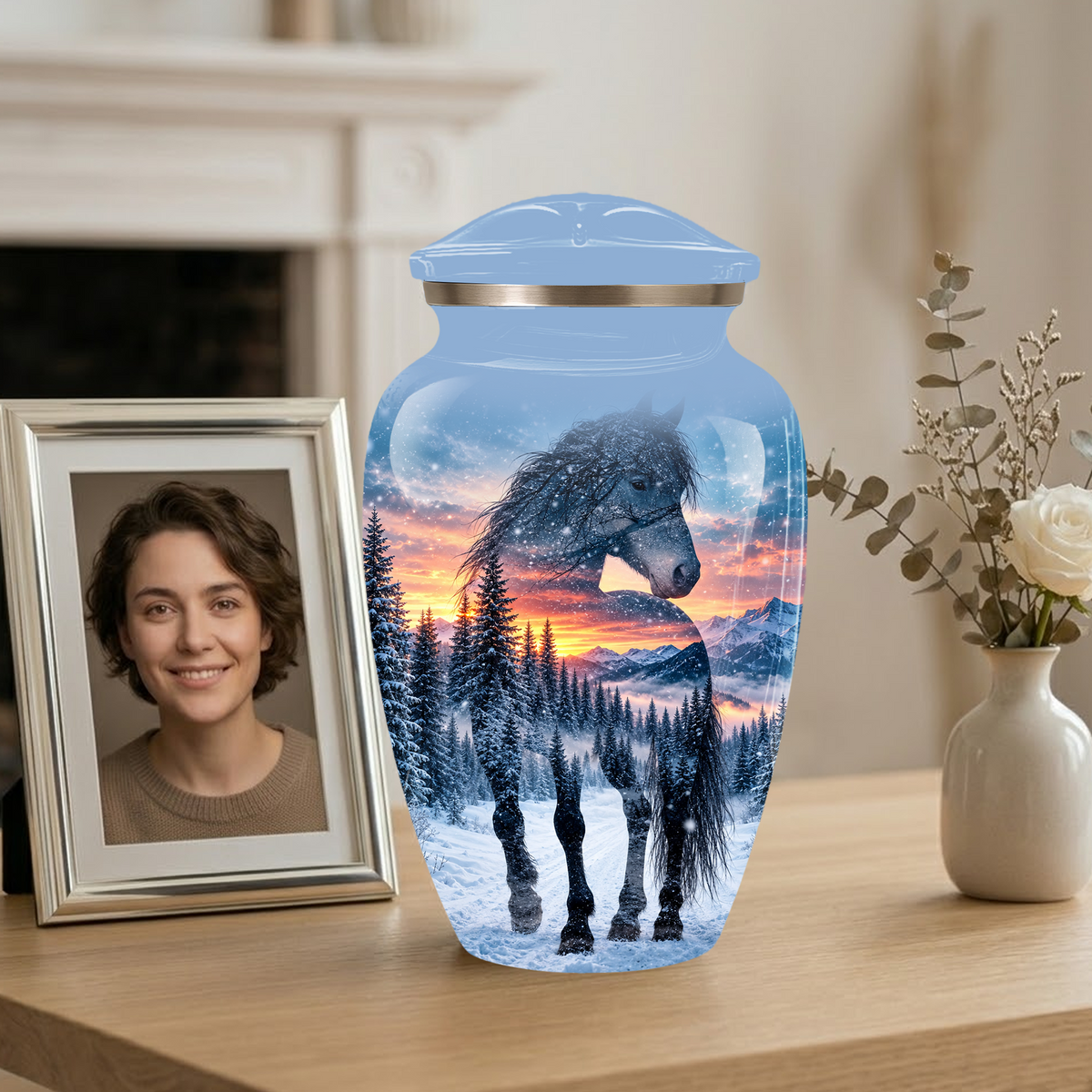 Snowy Horse Cremation Urn for Adult Ashes, Black Horse in Winter Forest Memorial Urn, Personalized Urn for Human Ashes